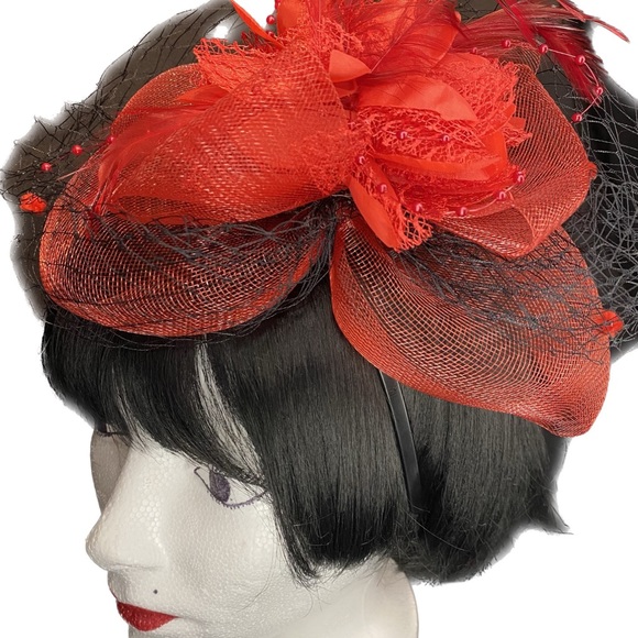 Vintage Red Hat feather Crinoline Black Veiling Bow - Picture 7 of 7
